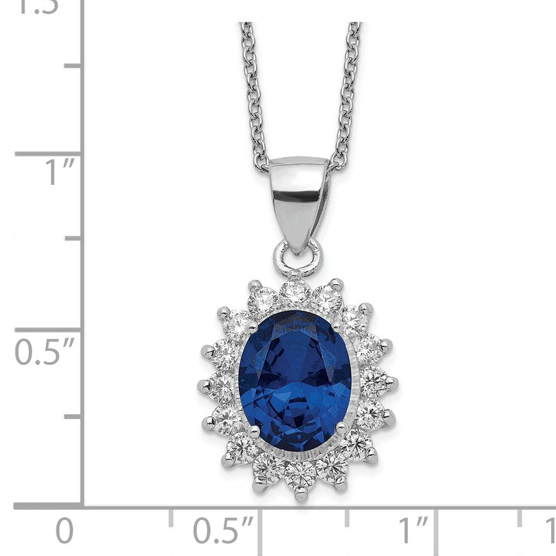 Sterling Silver Rhodium-plated Brilliant-cut Lab Created Dark Blue Spinel and Brilliant-cut White CZ Oval Halo 18 Inch Necklace