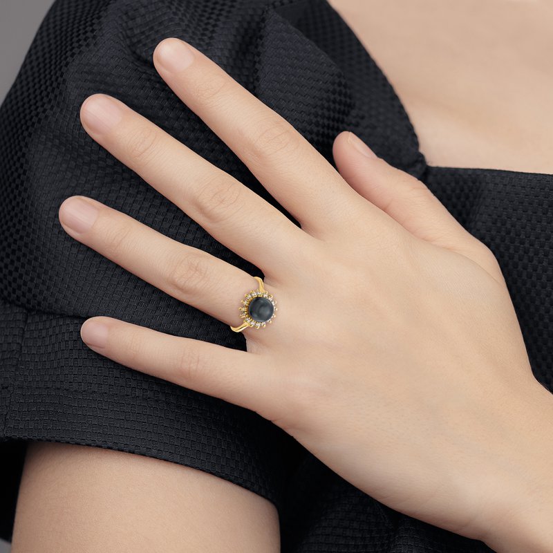 14k 7.5mm Black FW Cultured Pearl AAA Diamond ring