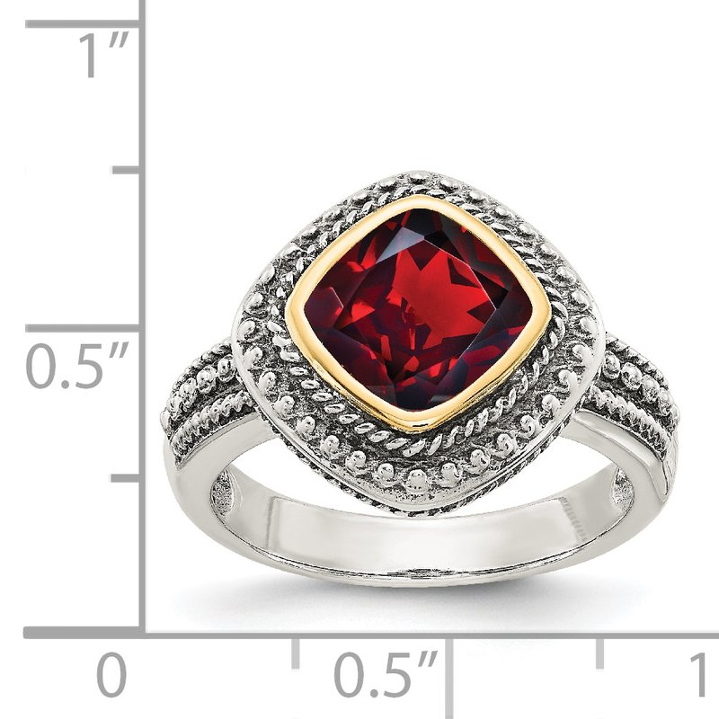 Sterling Silver with 14K Accent Antiqued Cushion Bezel Garnet Ring