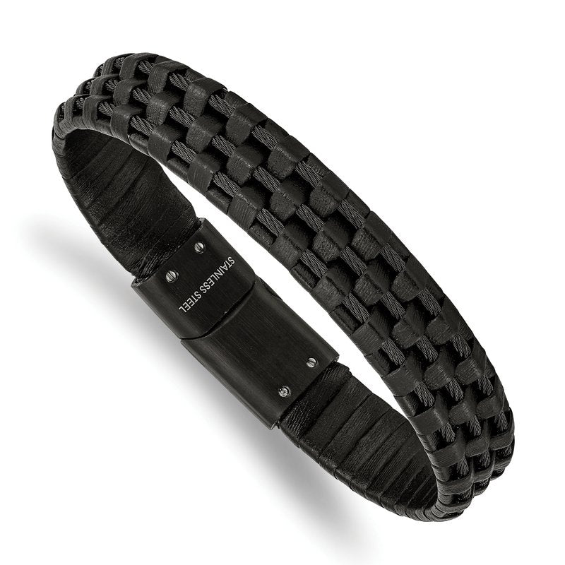 Stainless Steel Brushed and Polished Black IP-plated Wire Cable and Black Leather 8.25 inch Bracelet