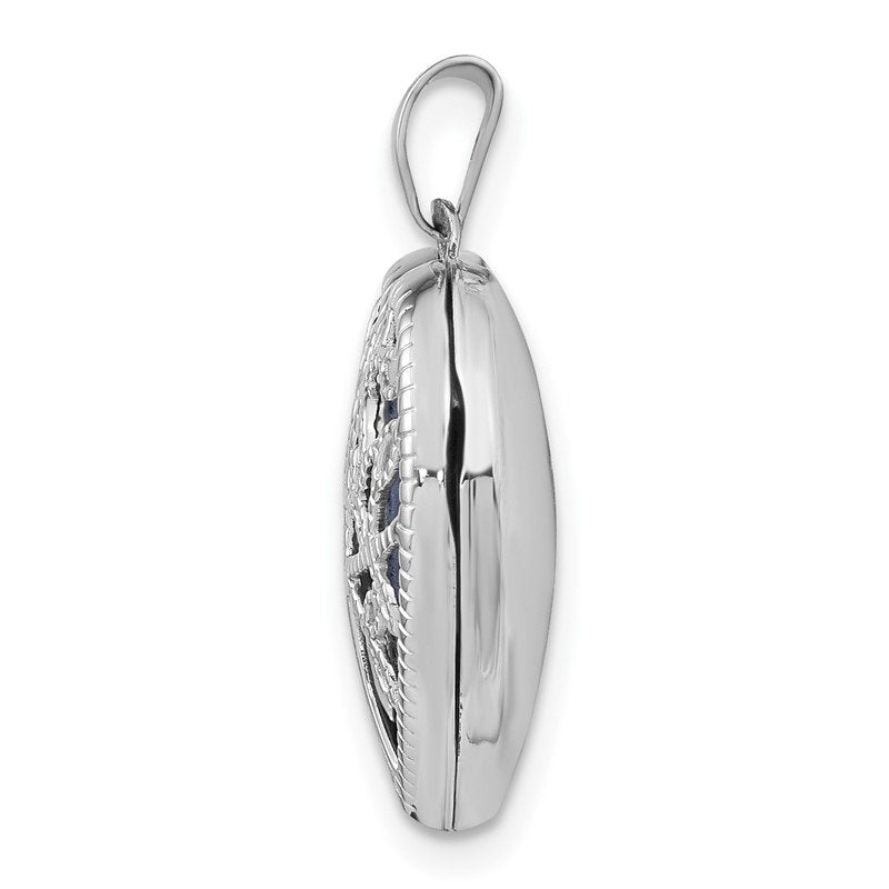 14k White Gold Cut-out Tree of Life with Blue Fabric Interior 18mm Heart Locket