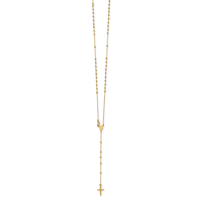 14k Polished Cross and Miraculous Medal Beaded 16.5 inch Rosary Necklace