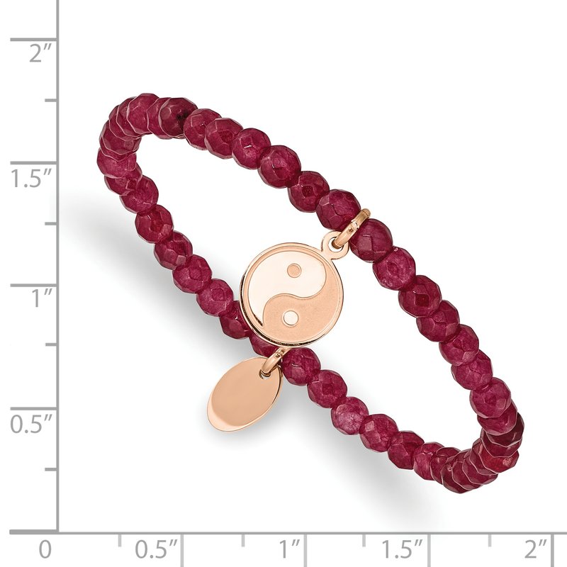 Stainless Steel Polished and Satin Rose IP-plated YingYang 4mm Red Jade Beaded Stretch Bracelet