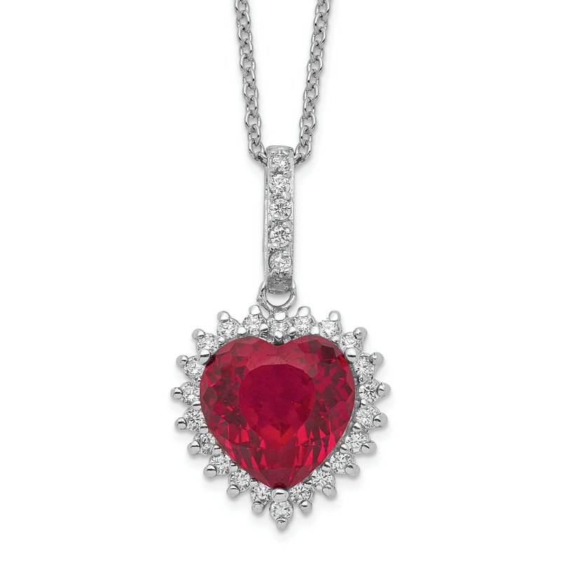 Sterling Silver Rhodium-plated 100 Facet Lab Created Ruby and Brilliant-cut White CZ Heart Halo 18 Inch Necklace