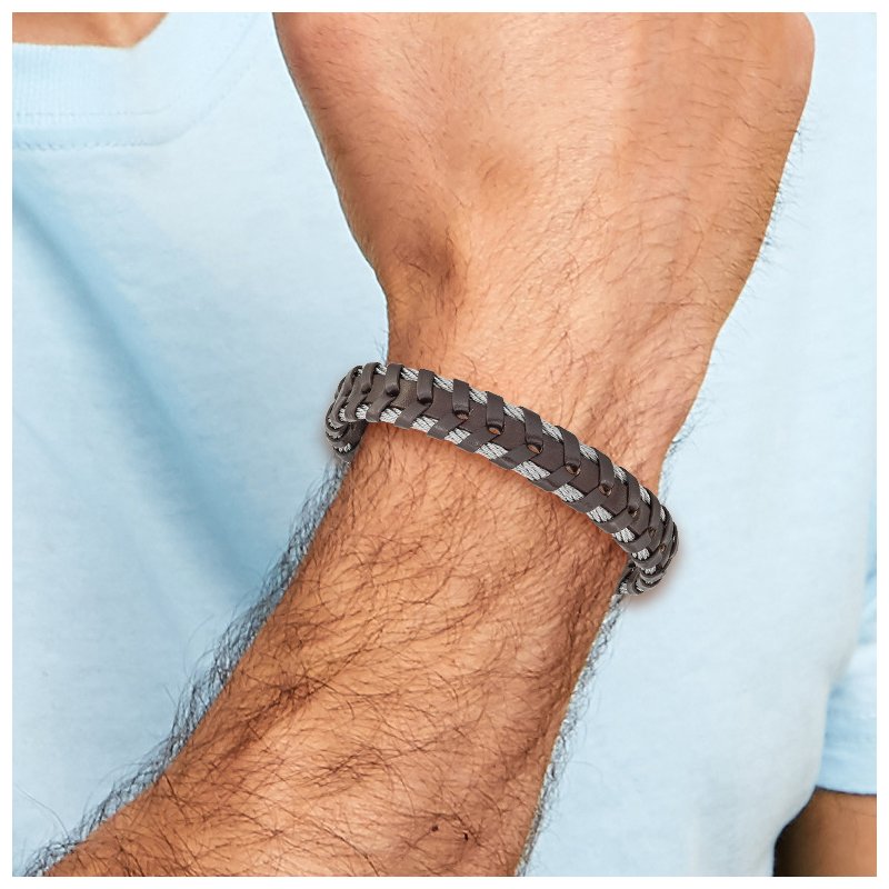 Stainless Steel Polished Cable and Brown Leather 8.25 inch Bracelet