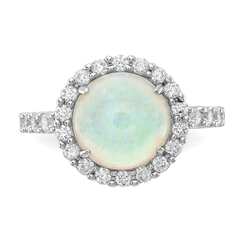 Sterling Silver Rhodium-plated Cabochon Lab Created Opal and Brilliant-cut CZ Halo Ring