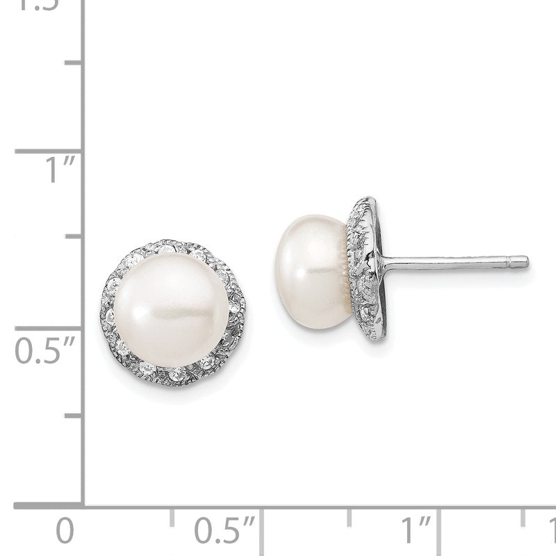 Sterling Silver Rhodium-plated White Freshwater Cultured Pearl and Brilliant-cut CZ Post Earrings