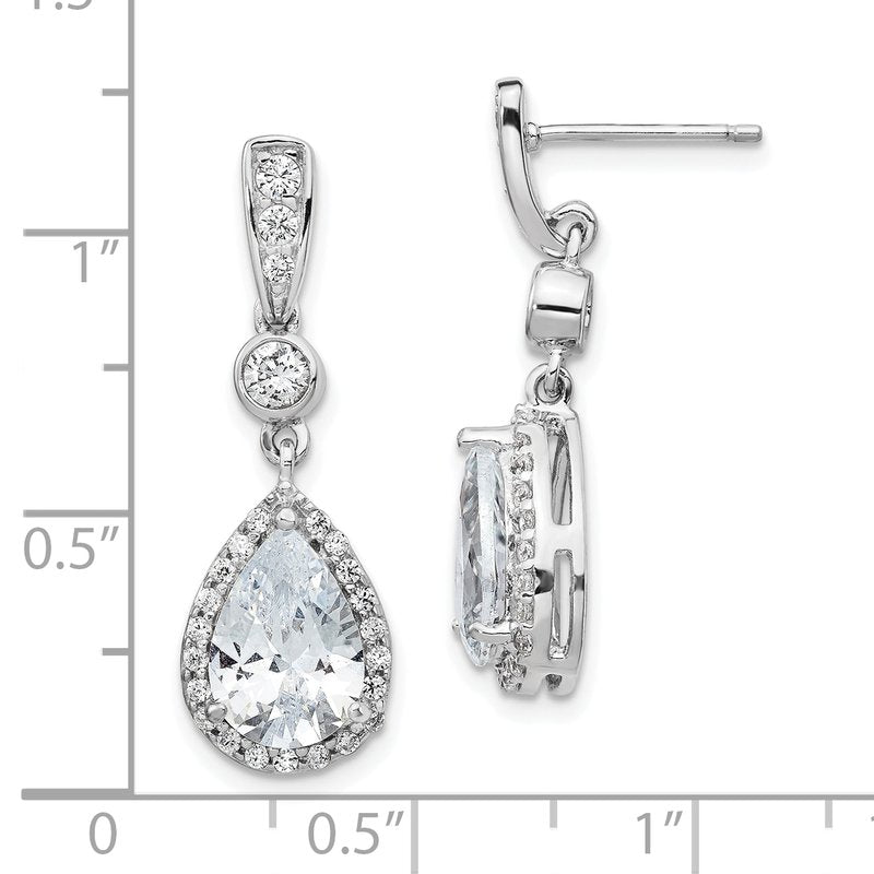 Sterling Silver Rhodium-plated Brilliant-cut CZ Teardrop and Bezel Halo Post Dangle Earrings