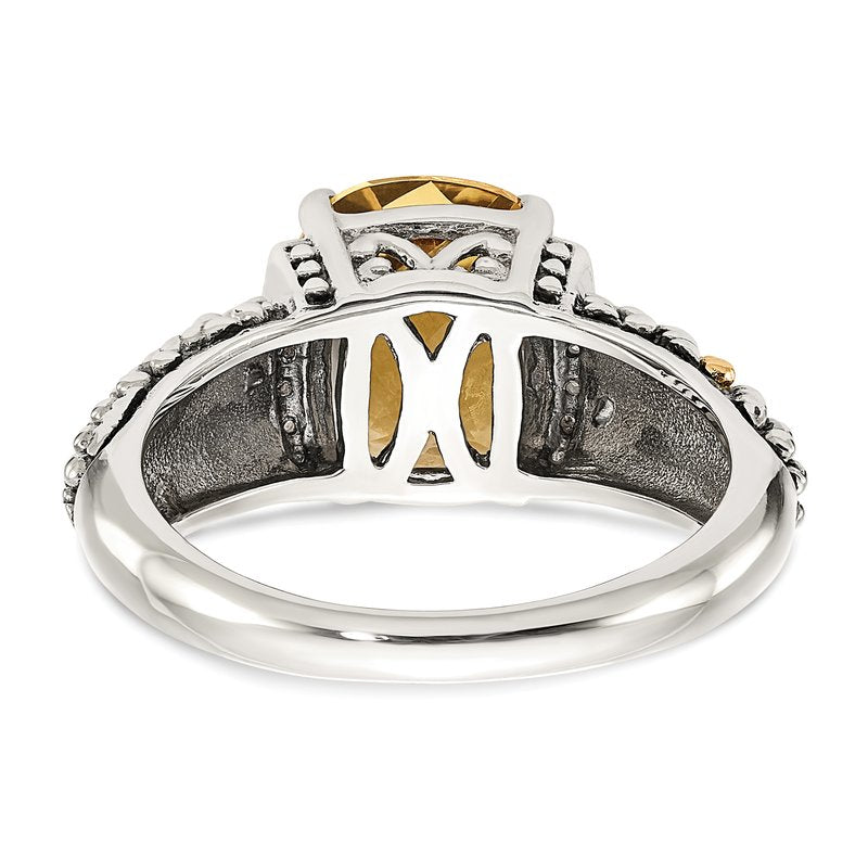Sterling Silver with 14K Accent Antiqued Diamond and Checkerboard Cushion Citrine Ring
