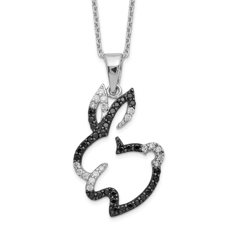 Sterling Silver Rhodium-plated with Black Rhodium Accent Brilliant-cut Black and White CZ Bunny Rabbit 18 Inch Necklace