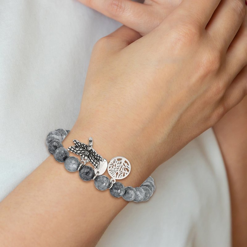 Stainless Steel Antiqued and Polished Dragonfly and Tree of Life 8mm Grey Dyed Jade Beaded Stretch Bracelet