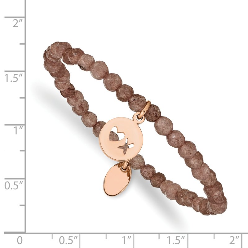 Stainless Steel Polished Rose IP-plated XO 4mm Brown Jade Beaded Stretch Bracelet