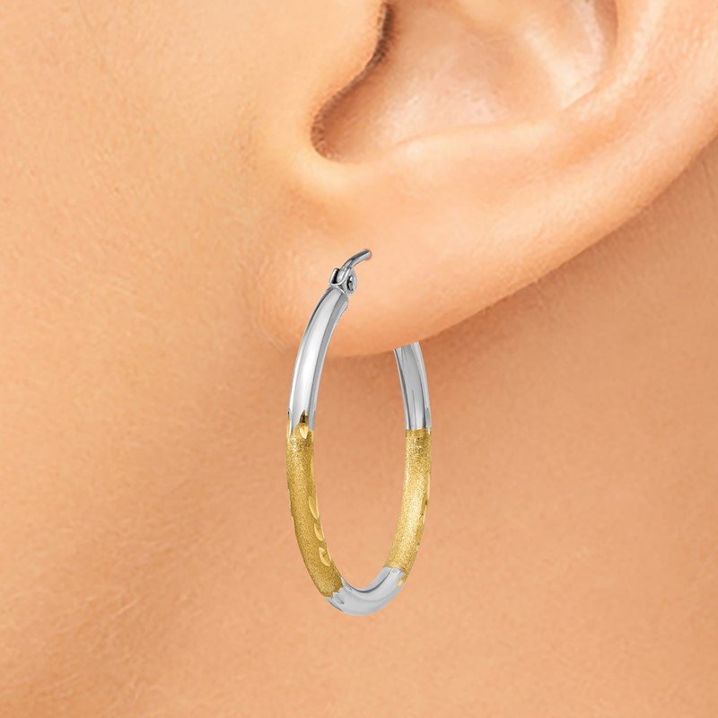 14k w/White Rhodium 2mm Satin and Polished Diamond-cut Hoop Earrings