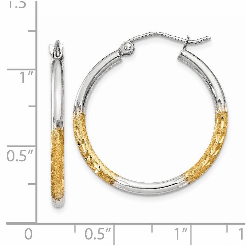 14k w/White Rhodium 2mm Satin and Polished Diamond-cut Hoop Earrings