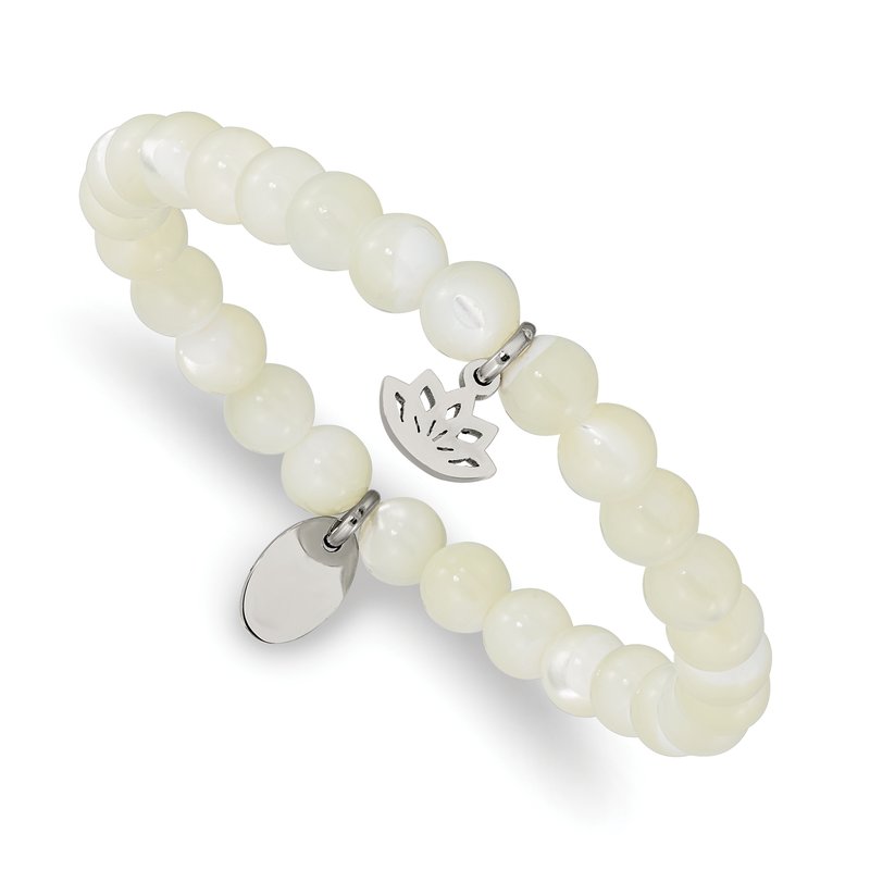 Stainless Steel Polished Lotus 6mm Mother of Pearl Beaded Stretch Bracelet