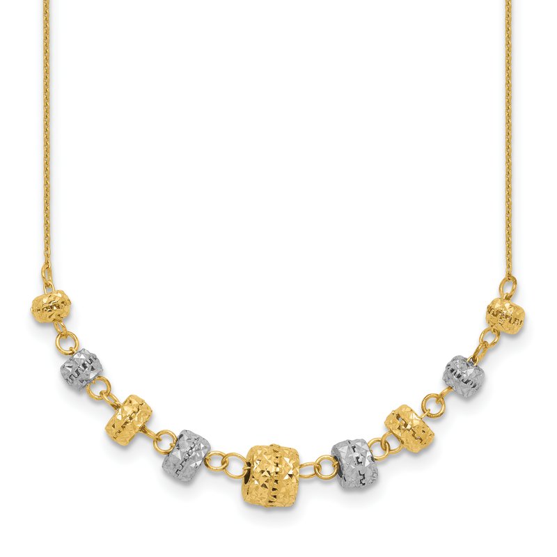 14k Two-tone Polished Diamond-cut Graduated Barrel Beads 18 inch Necklace