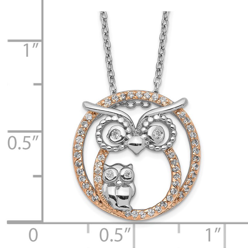 Sterling Silver Rhodium-plated and Rose Gold-plated Brilliant-cut CZ Owls Circle 18.25 Inch Necklace