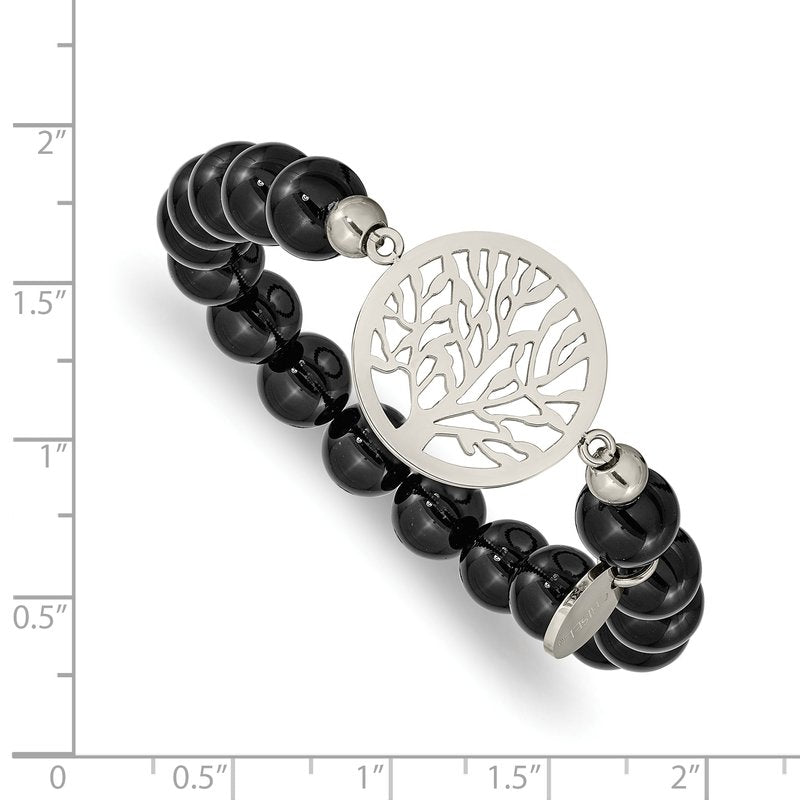 Stainless Steel Polished Tree of Life 8mm Black Agate Beaded Stretch Bracelet