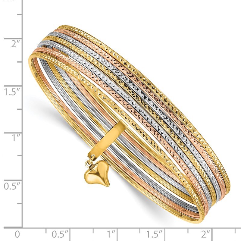 14K Tri-color Polished and Textured with Dangle Heart 7-Strand 11.00mm Slip-on Round Bangle Bracelet