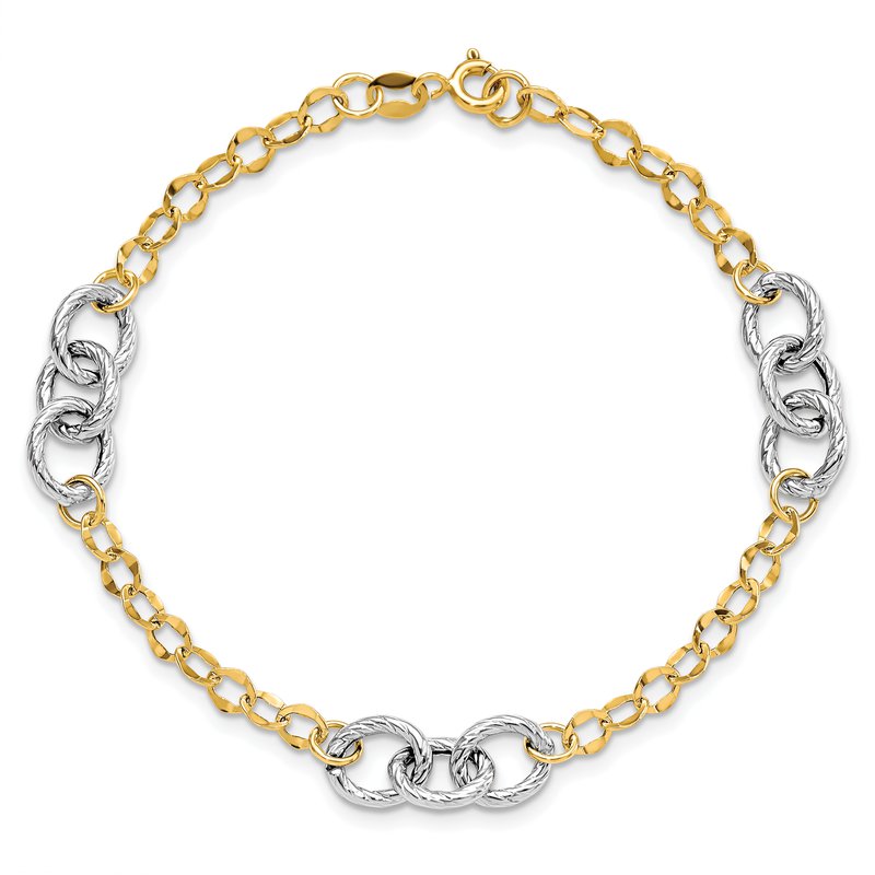 14K Two-tone Polished and Textured Fancy Link Bracelet