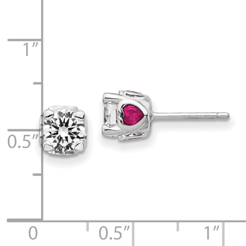 Sterling Silver Rhodium-plated Brilliant-cut Lab Created Ruby and Brilliant-cut White CZ with Heart Sides Stud Post Earrings