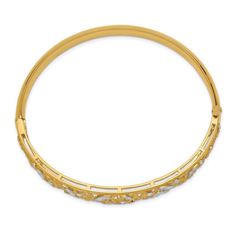 14K with White Rhodium Diamond-cut Filigree Graduated 9.00mm Hinged Oval Bangle Bracelet