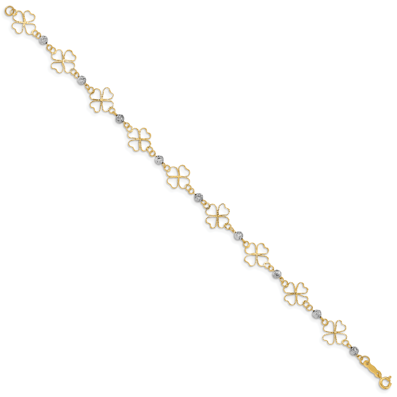 14k Two-tone Diamond-cut Open 4-Leaf Clovers and Beads 7.5 inch Bracelet