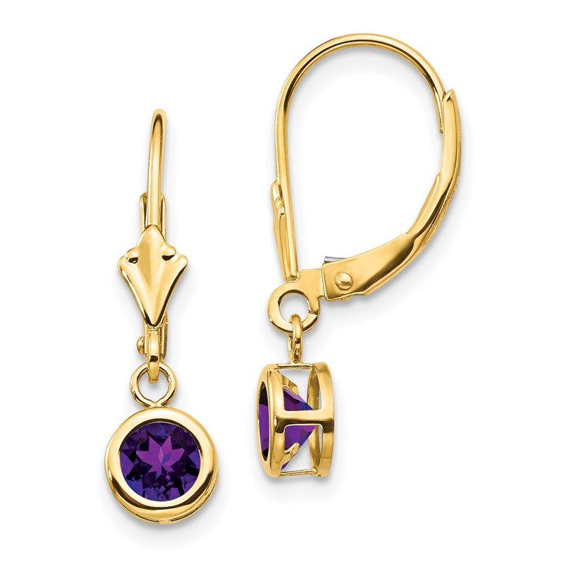 14k 5mm Round Amethyst Bezel Leverback Dangle Earrings