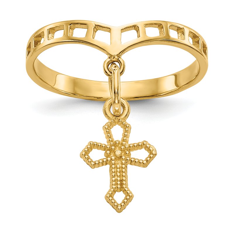 14k Polished Cross Dangle Charm Ring