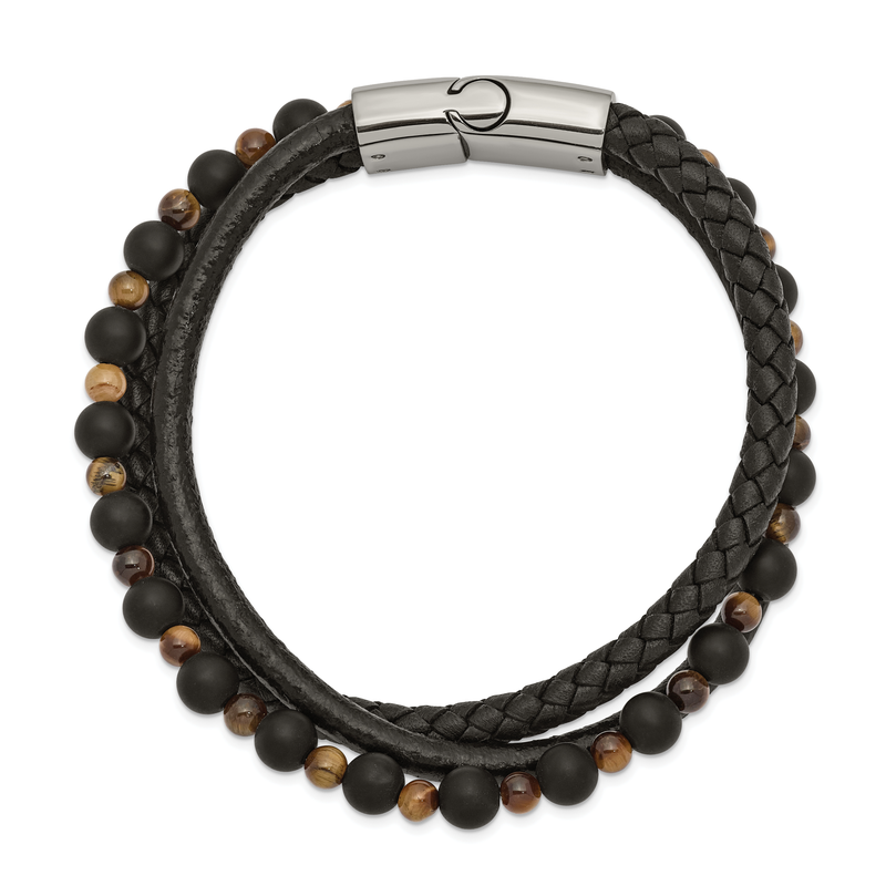 Stainless Steel Polished Multi Strand Tiger's Eye and Black Agate Beaded Black Leather 8.25 inch Bracelet