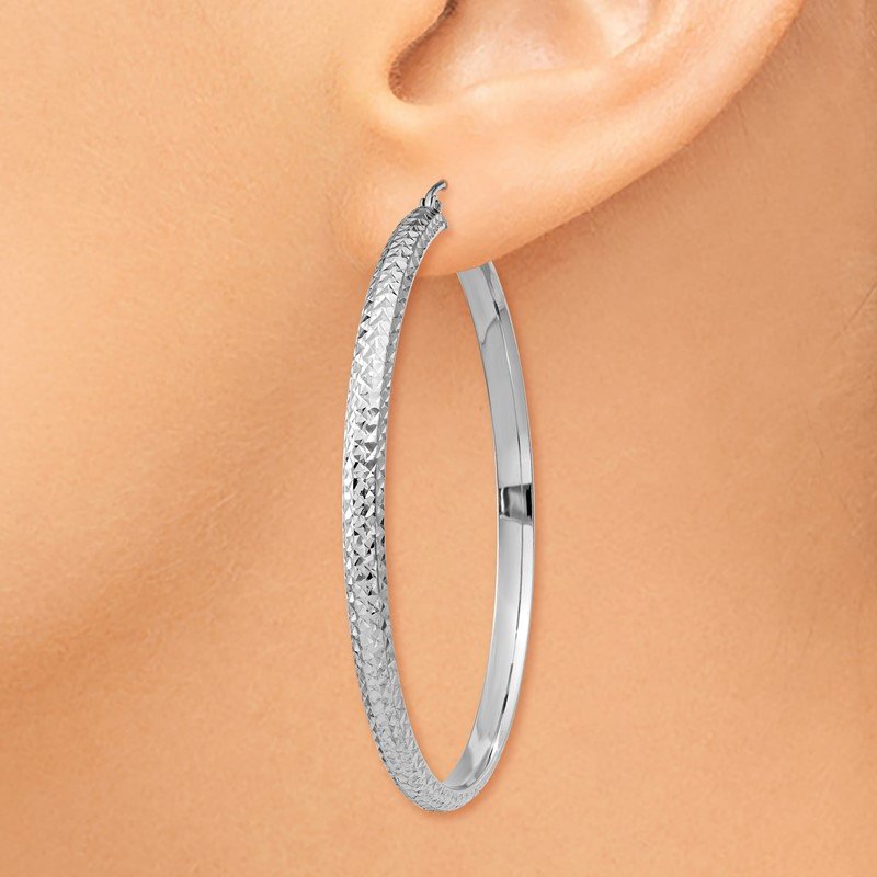 14K White Gold Diamond-cut 3.5x52mm Hollow Hoop Earrings