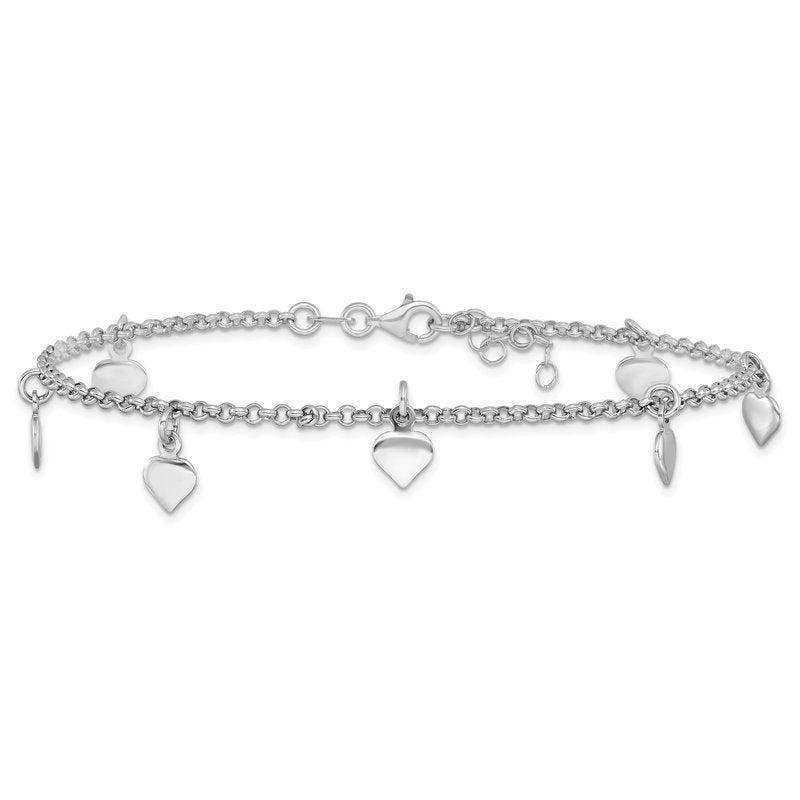 Sterling Silver Rhodium-plated Heart Charms 9 inch Plus 1 inch Extender - Total 10 inch Anklet