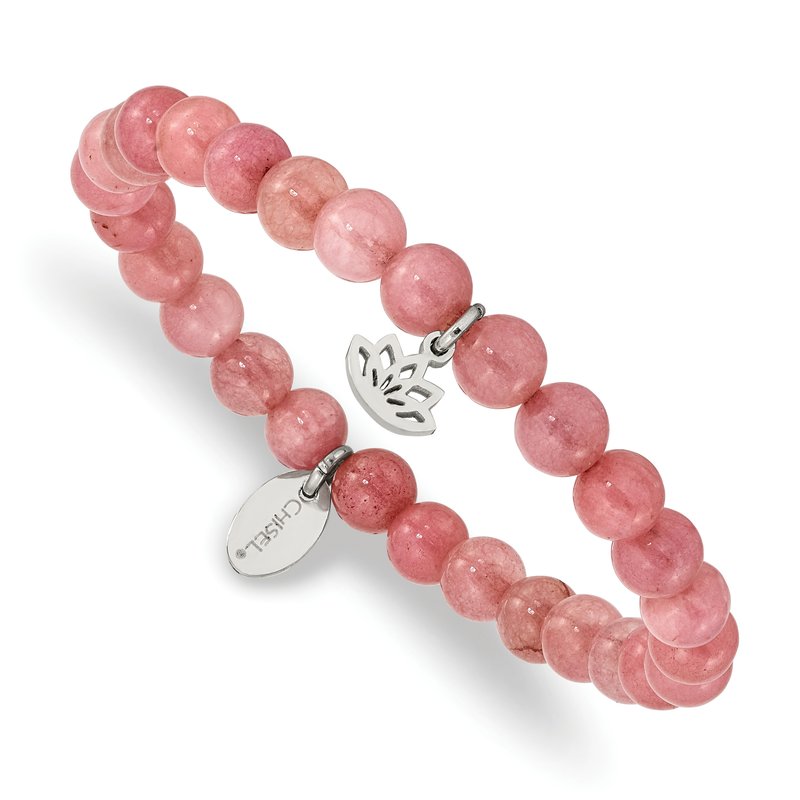 Stainless Steel Polished Lotus 6mm Pink Jade Beaded Stretch Bracelet