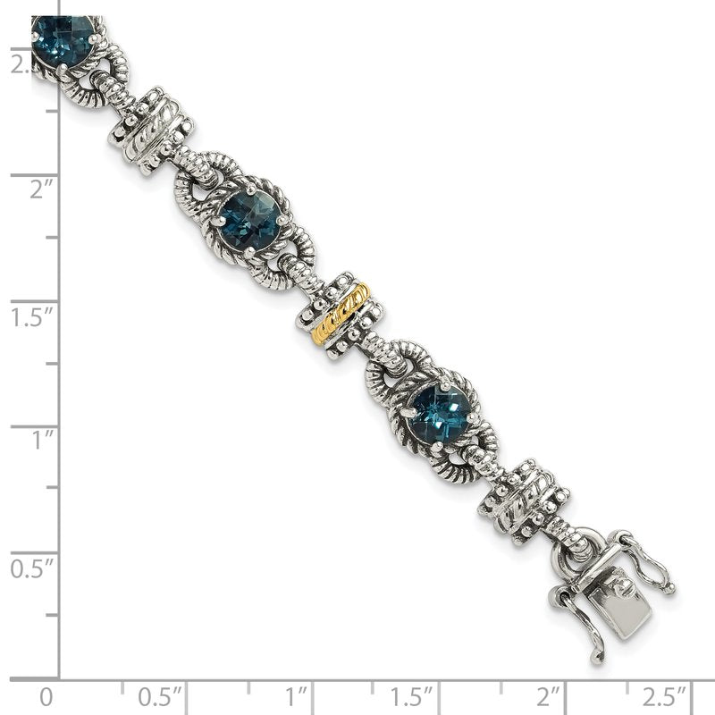Sterling Silver with 14K Accent 7.25 Inch Antiqued Round London Blue Topaz Bracelet