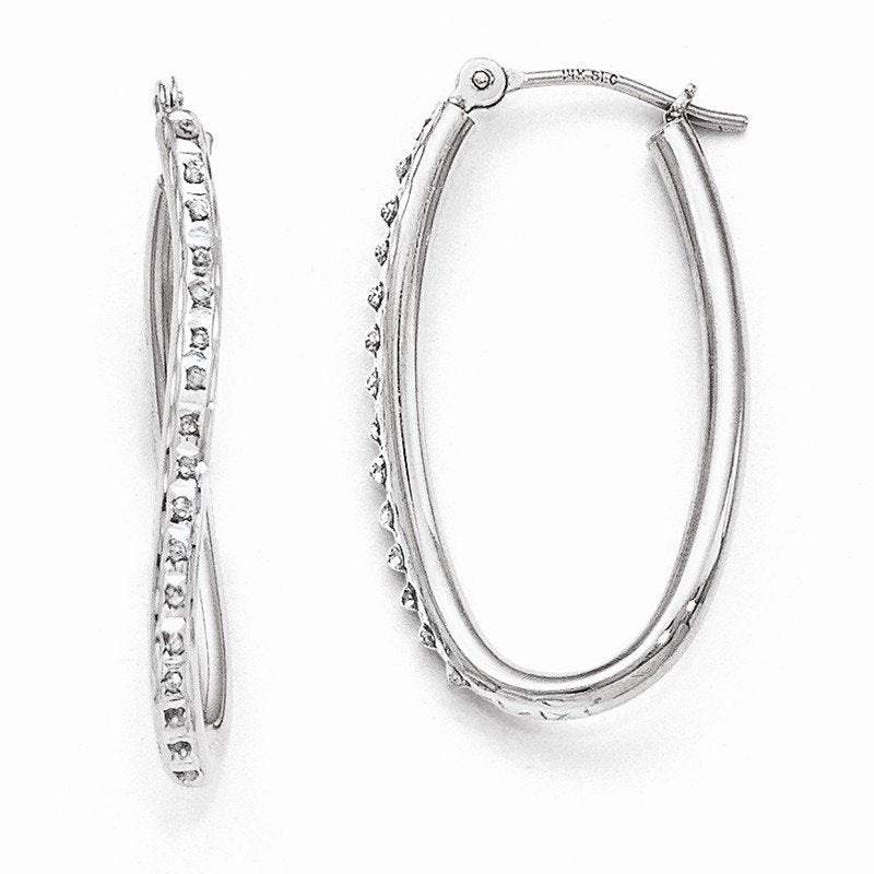 14k White Gold Diamond Fascination Oval Hinged Hoop Earrings