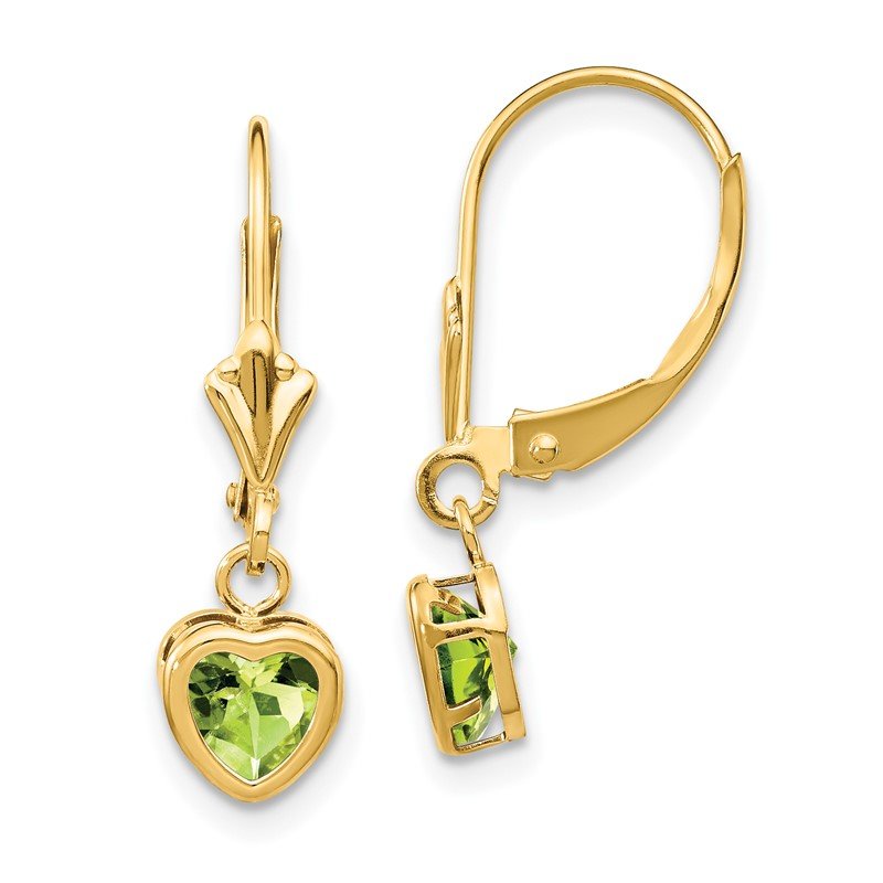 14k 5mm Heart Peridot Bezel Leverback Dangle Earrings