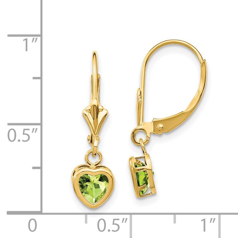 14k 5mm Heart Peridot Bezel Leverback Dangle Earrings