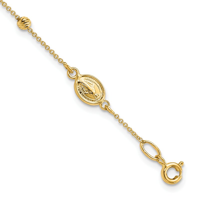14k Polished Cross and Miraculous Medal with Diamond-cut Beads 6 inch Childs Rosary Bracelet with 0.75 inch Extender