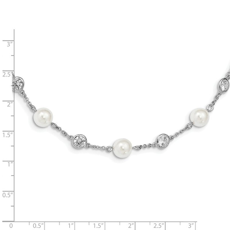 Sterling Silver Rhodium-plated Glass Pearl and Brilliant-cut CZ Bezel Station 36 Inch Necklace