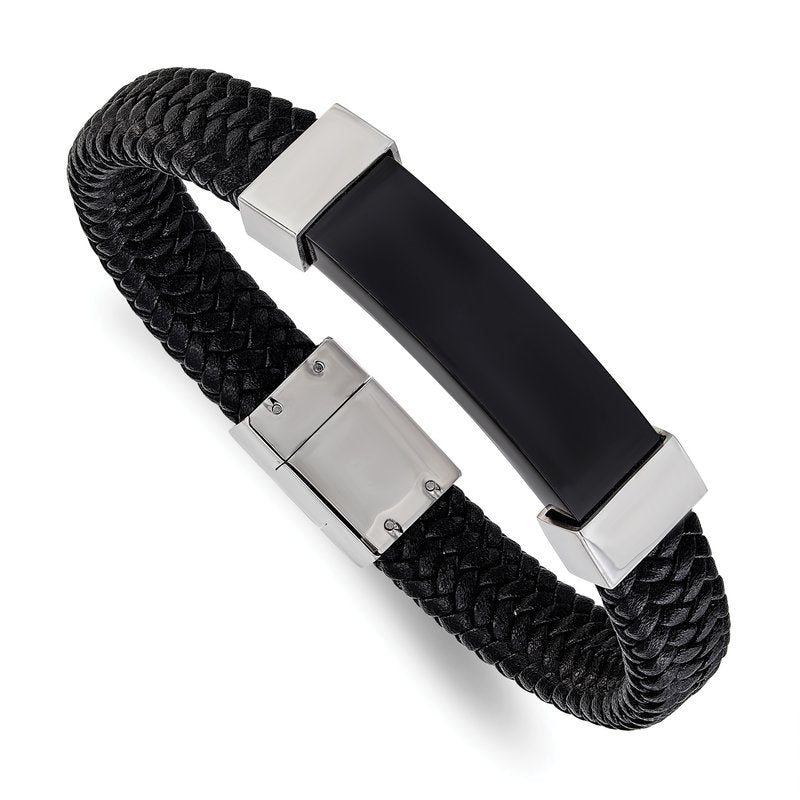 Stainless Steel Polished Black IP-plated Black Braided Leather 8.5 inch Bracelet