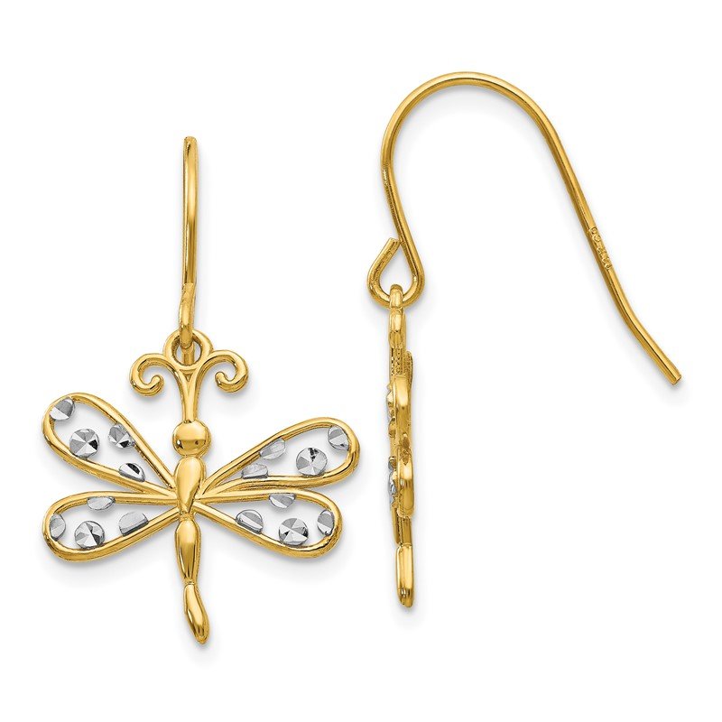 14k &amp; Rhodium Diamond-cut Dragonfly Shepherd Hook Earrings