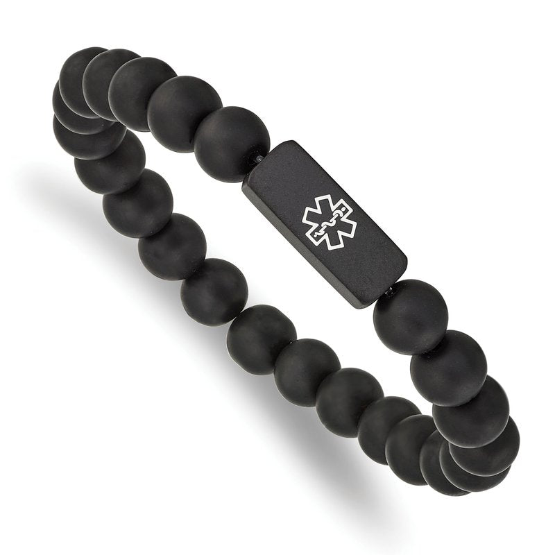 Stainless Steel Brushed Black IP-plated with White Enamel Medical ID 8.5mm Black Agate Beaded Stretch Bracelet