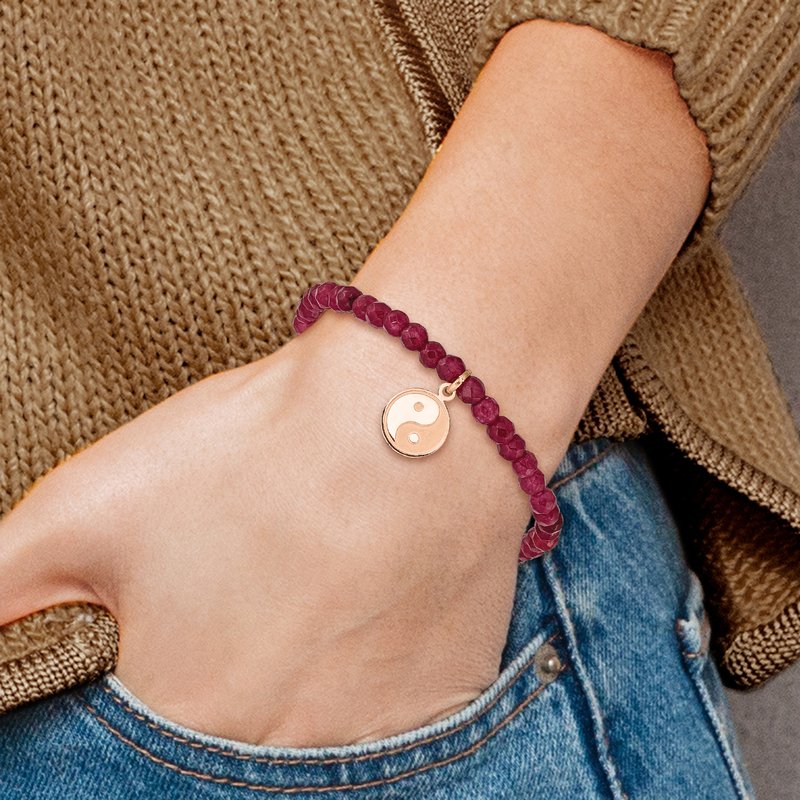 Stainless Steel Polished and Satin Rose IP-plated YingYang 4mm Red Jade Beaded Stretch Bracelet