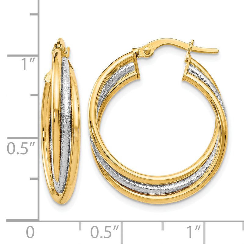 14K Two-tone Polished and Textured Twisted Hoop Earrings