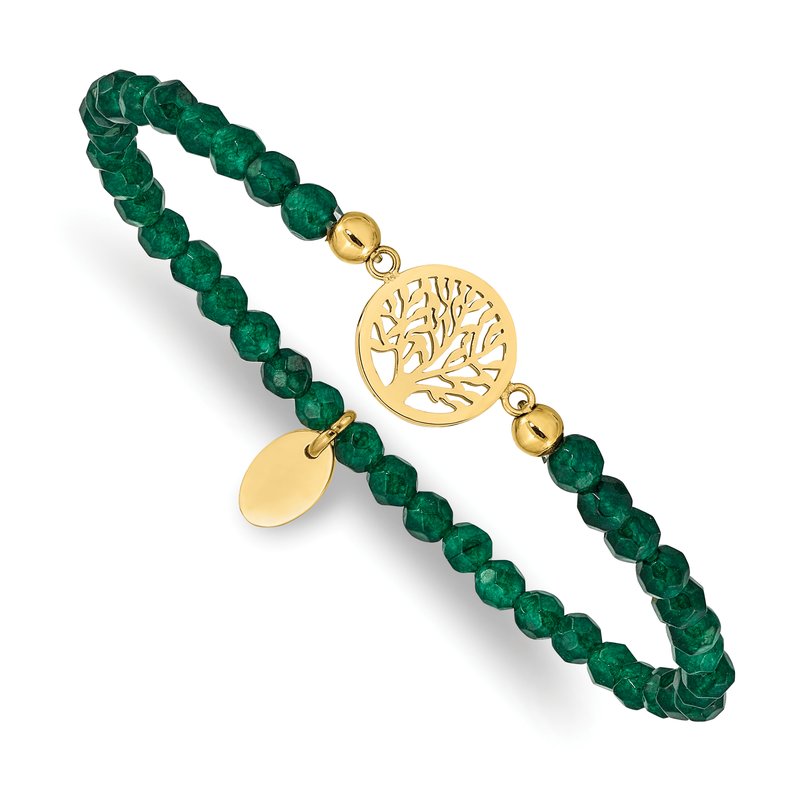 Stainless Steel Polished Yellow IP-plated Tree of Life 4mm Green Jade Beaded Stretch Bracelet