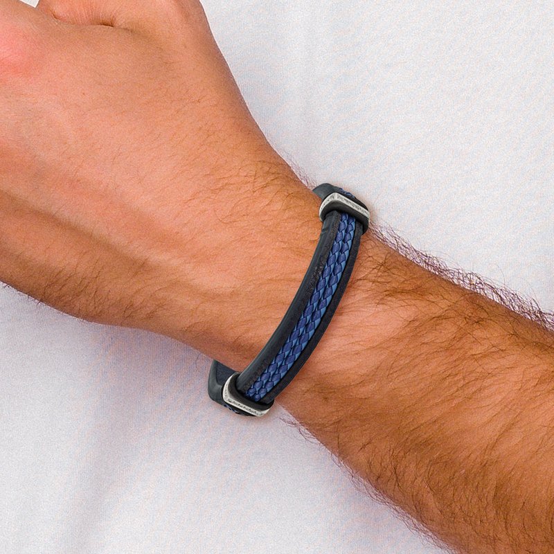 Stainless Steel Polished with CZ Black and Blue Braided Leather 8 inch Bracelet with .5 inch Extension