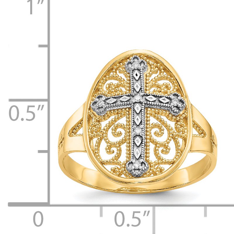 14k Yellow &amp; White Gold Diamond Filigree Cross Ring