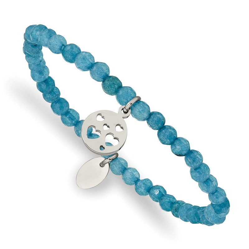 Stainless Steel Polished Hearts 4mm Blue Jade Beaded Stretch Bracelet