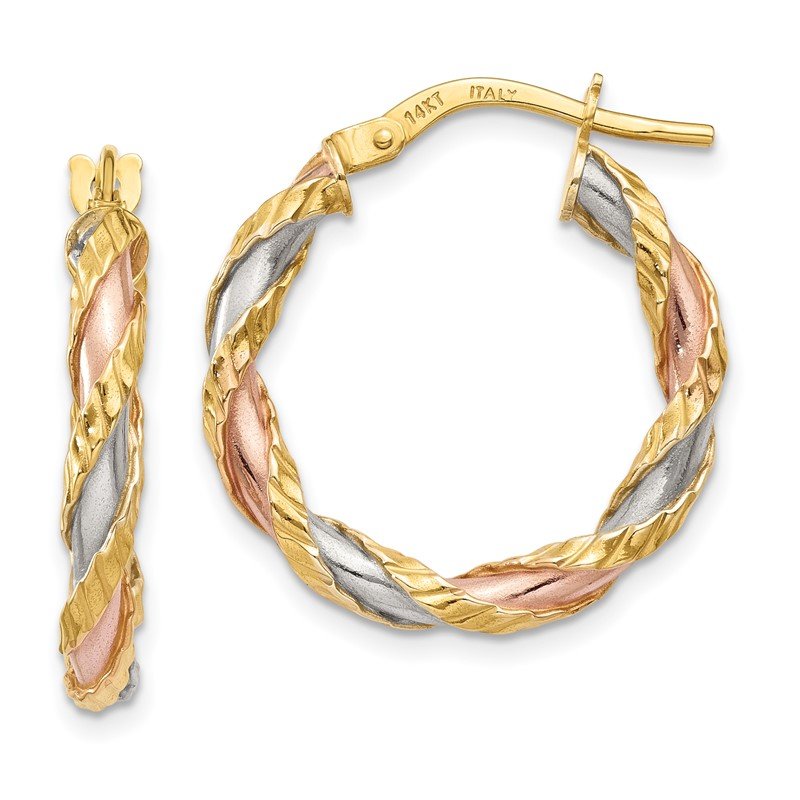 14K with White &amp; Rose Rhodium Textured Twisted Hoop Earrings