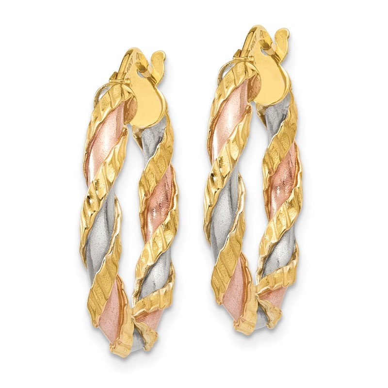 14K with White &amp; Rose Rhodium Textured Twisted Hoop Earrings
